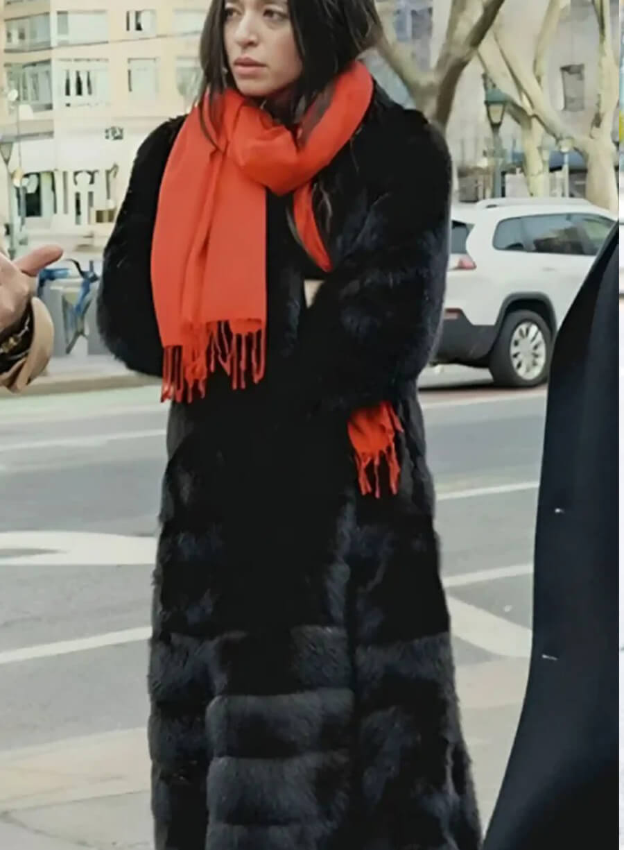 Mikey Madison Black Fur Trench Coat