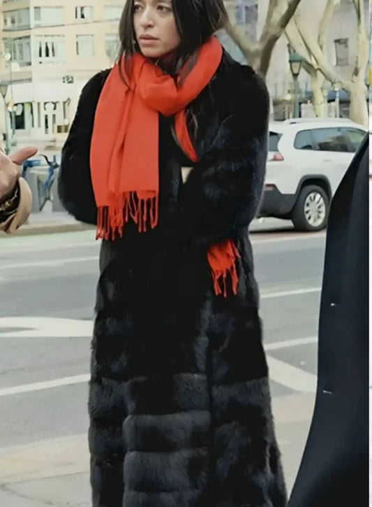 Mikey Madison Black Fur Trench Coat