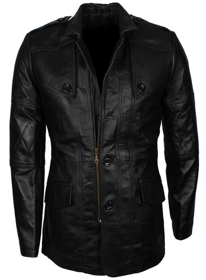 Military Style Black Leather WW2 Coat