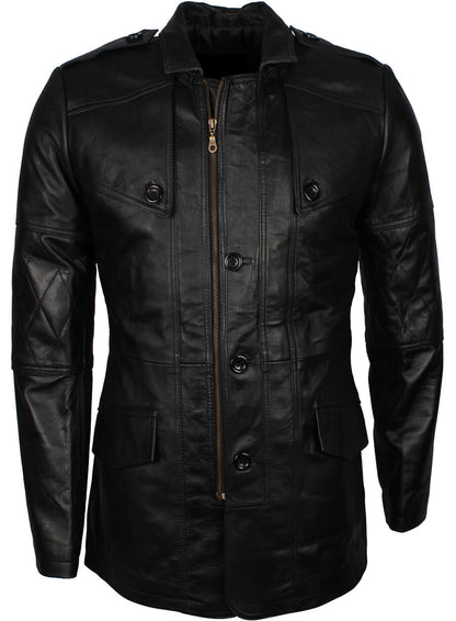 Military Style Black Leather WW2 Coat