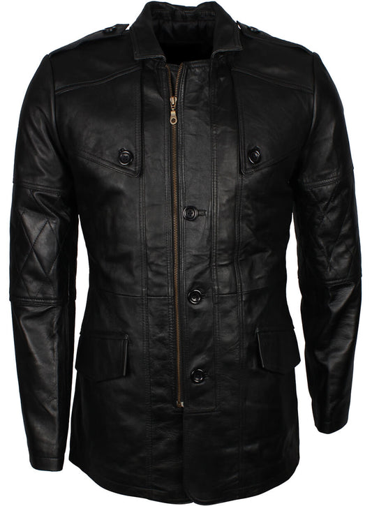 Military Style Black Leather WW2 Coat