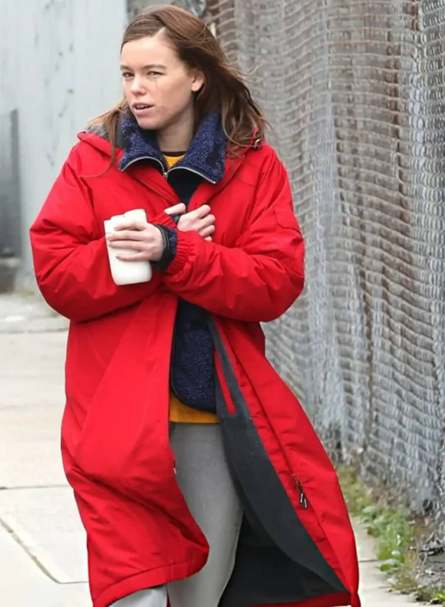 Milly Alcock New York City Red Hooded Coat