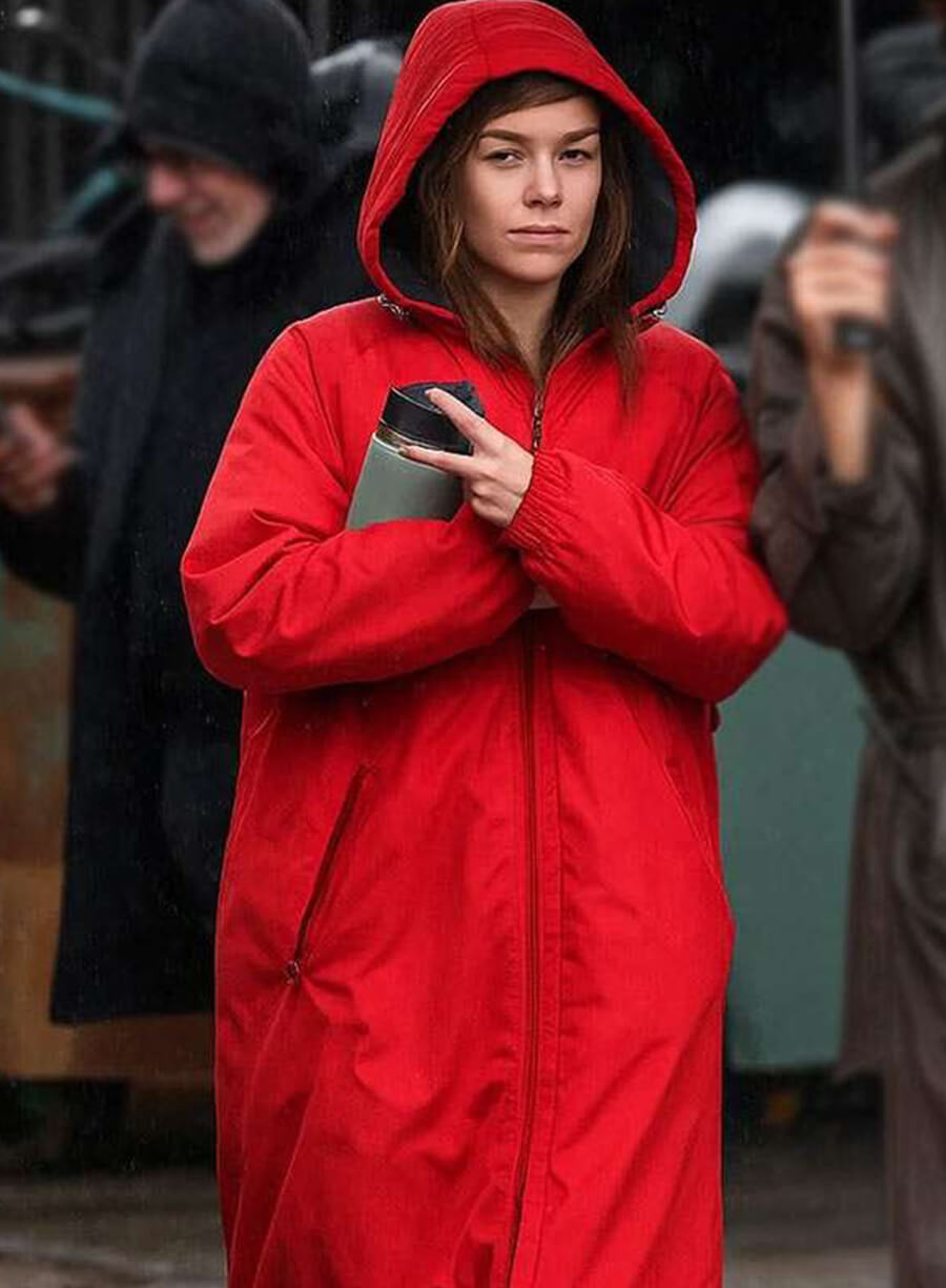 Milly Alcock New York City Red Hooded Coat