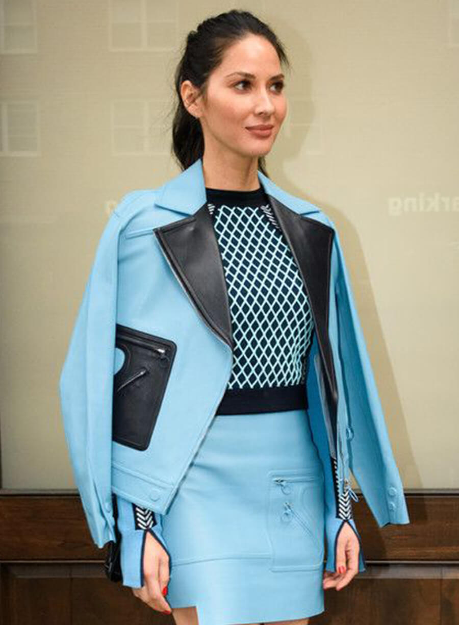 Olivia Munn Blue Leather Jacket