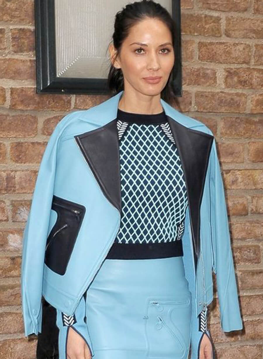 Olivia Munn Blue Leather Jacket