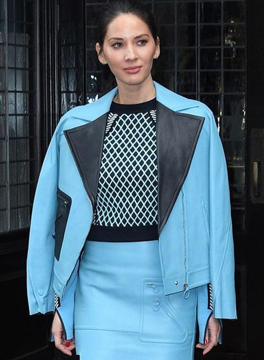 Olivia Munn Blue Leather Jacket