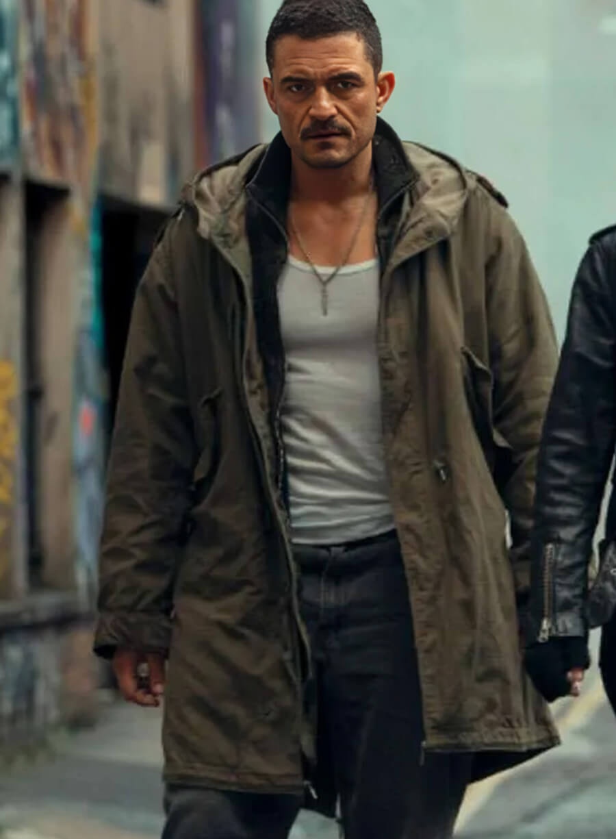 Orlando Bloom Deep Cover 2025 Green Coat