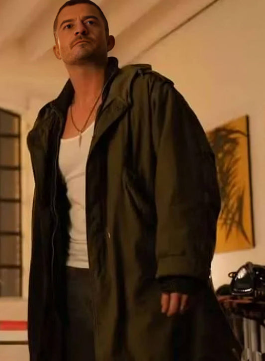 Orlando Bloom Deep Cover 2025 Green Coat