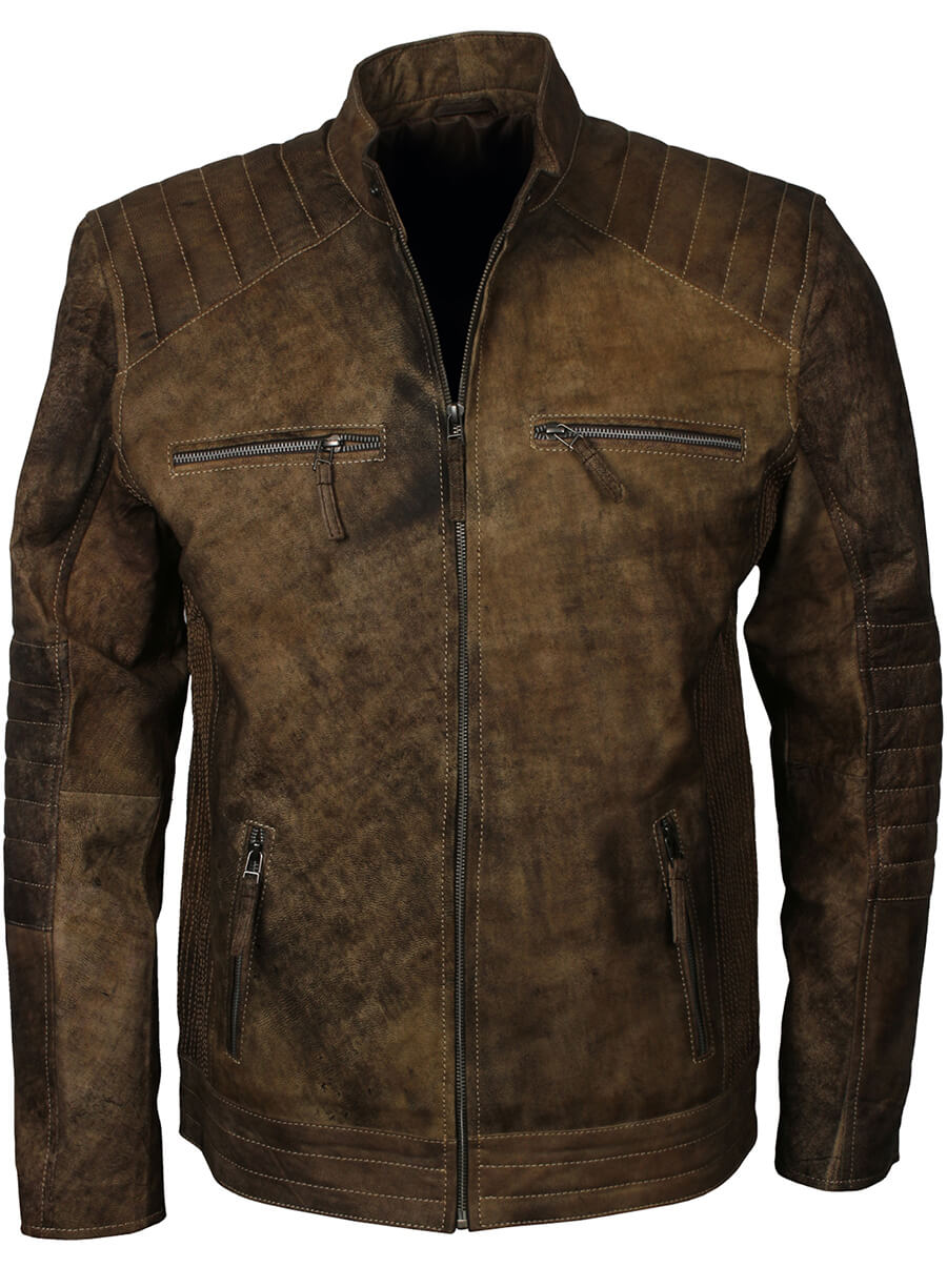 Quilted Sleeves Distressed Leather Jacket