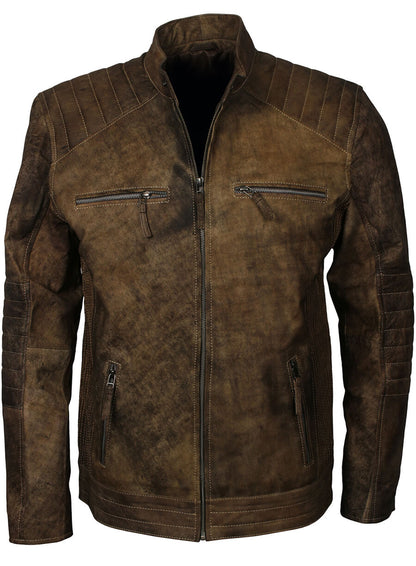 Quilted Sleeves Distressed Leather Jacket