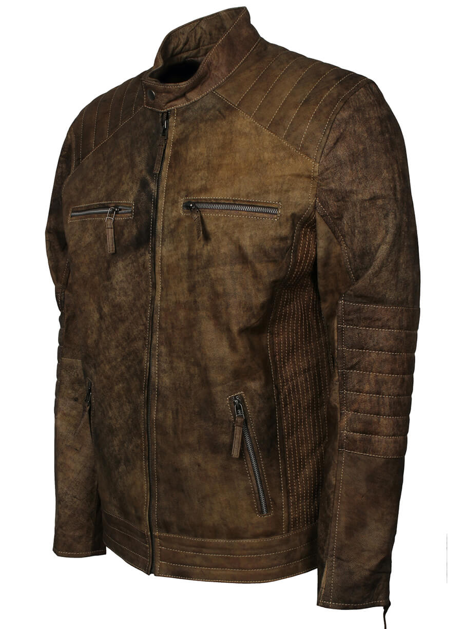 Quilted Sleeves Distressed Leather Jacket