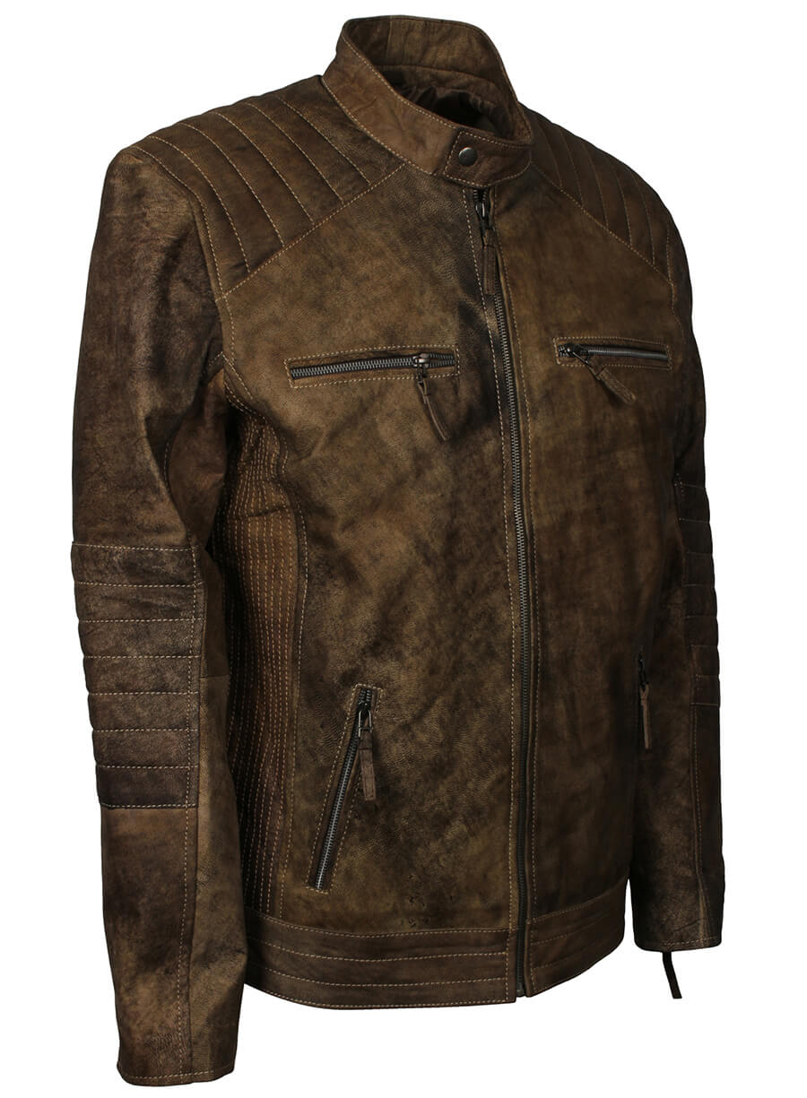 Quilted Sleeves Distressed Leather Jacket
