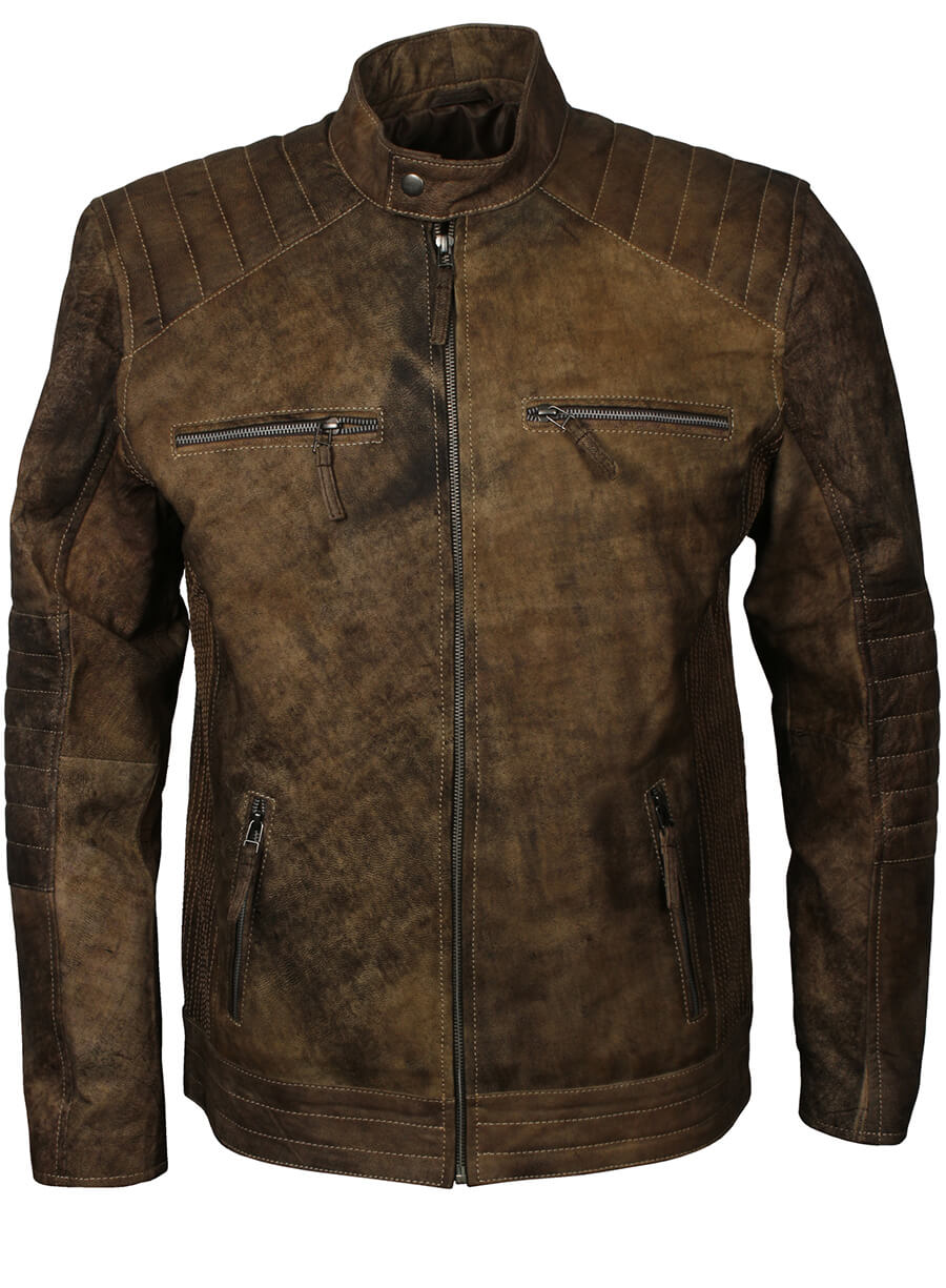 Quilted Sleeves Distressed Leather Jacket