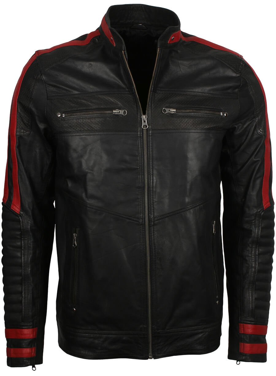 Red Stripe Black Cafe Racer Jacket