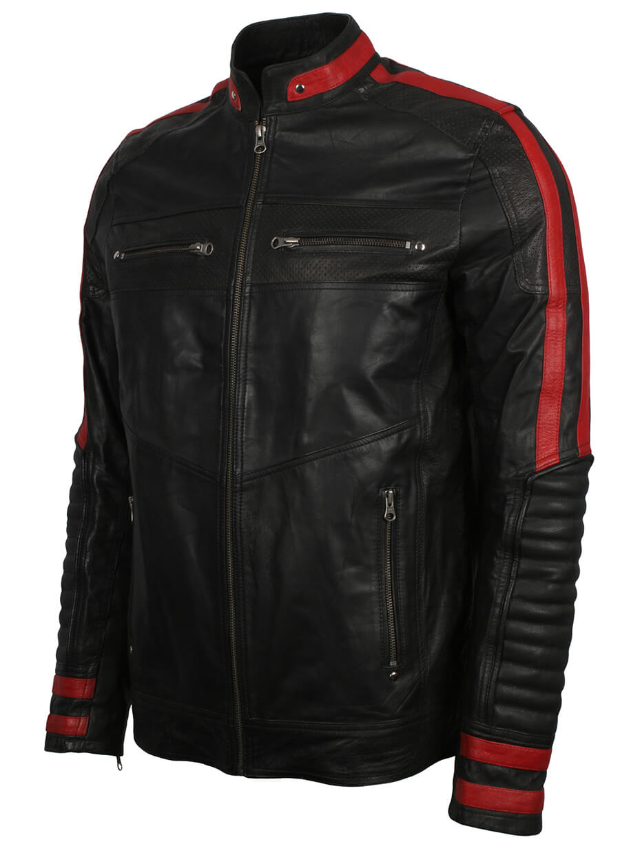 Red Stripe Black Cafe Racer Jacket