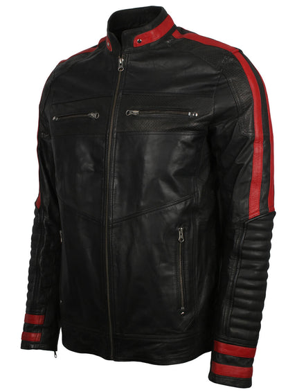 Red Stripe Black Cafe Racer Jacket