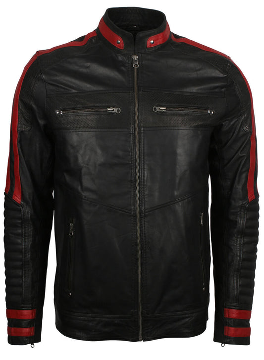 Red Stripe Black Cafe Racer Jacket