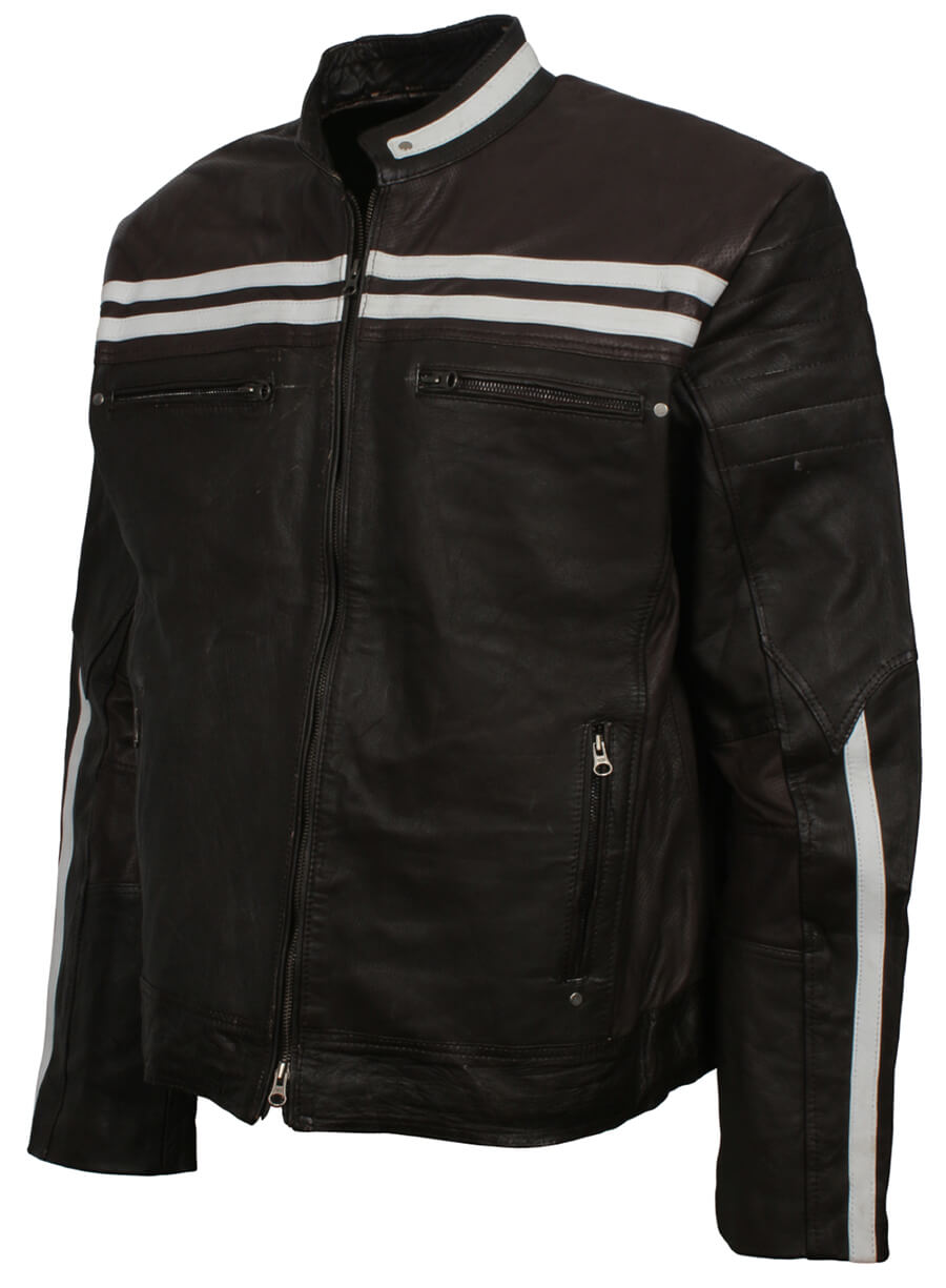Retro Black Leather Jacket With White Stripes