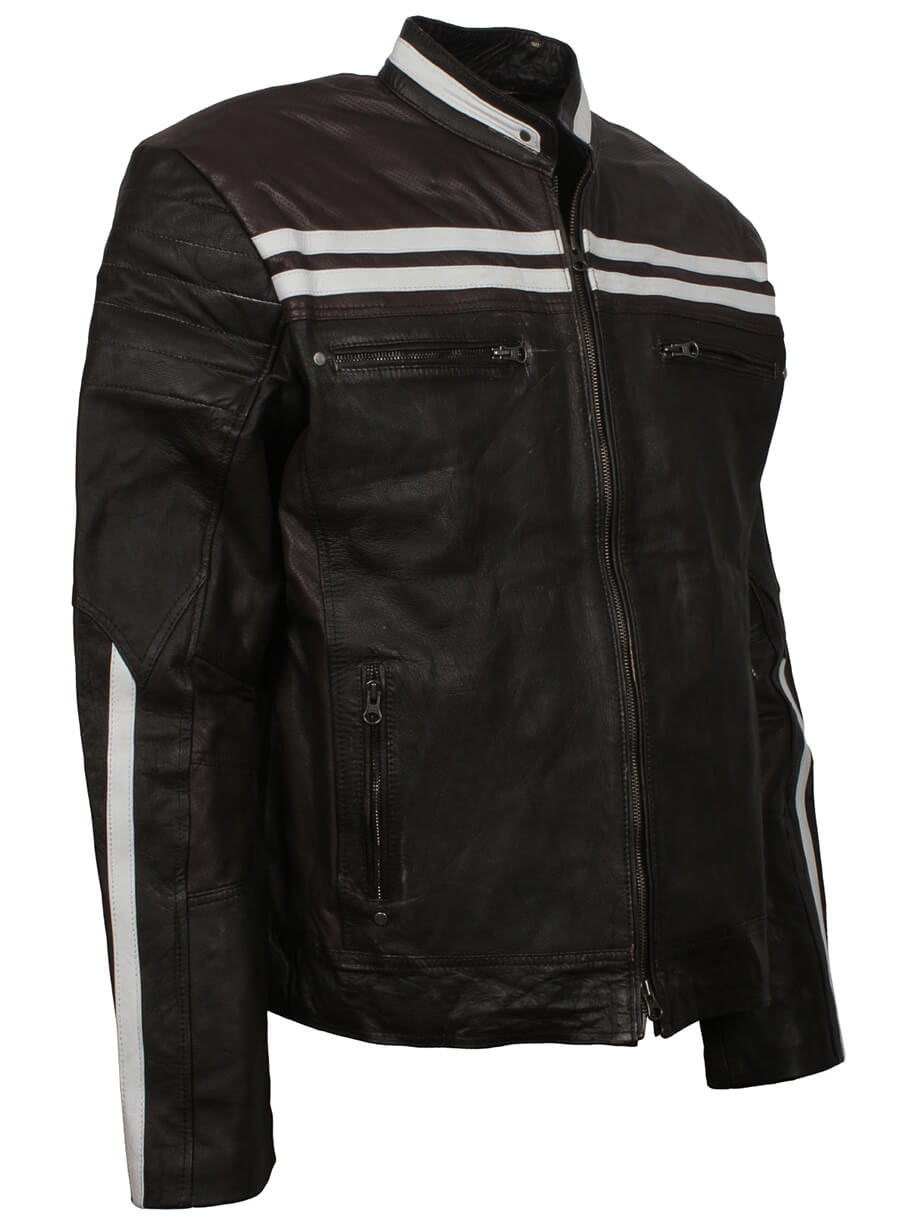 Retro Black Leather Jacket With White Stripes