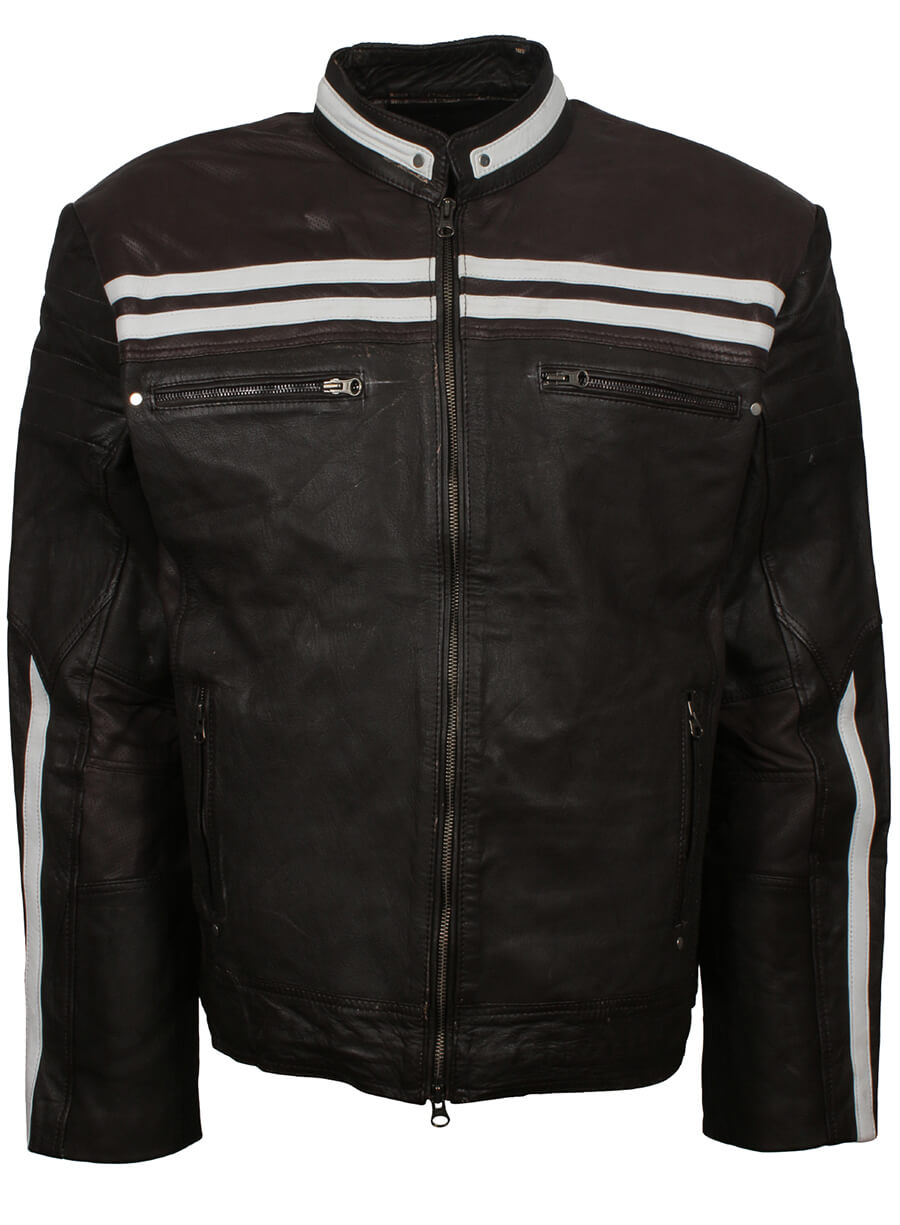 Retro Black Leather Jacket With White Stripes