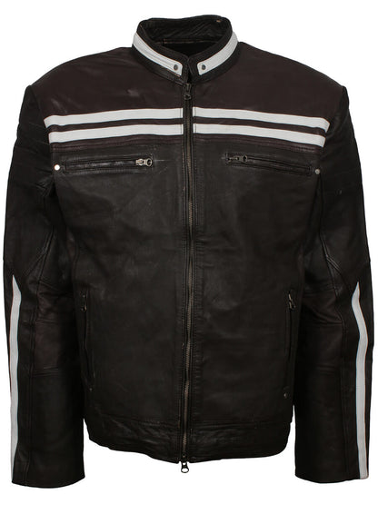 Retro Black Leather Jacket With White Stripes