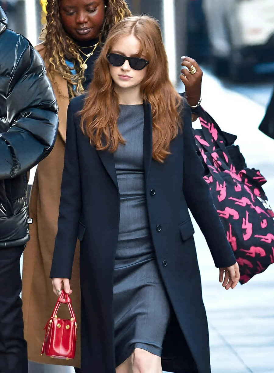 Sadie Sink Black Wool Coat