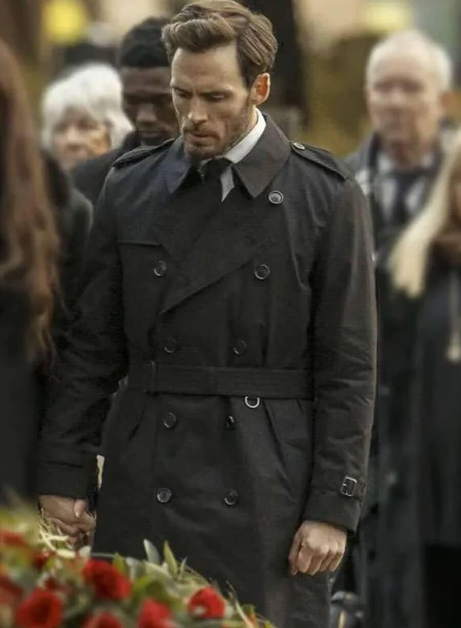 Sam Claflin Lazarus 2025 Black Trench Coat