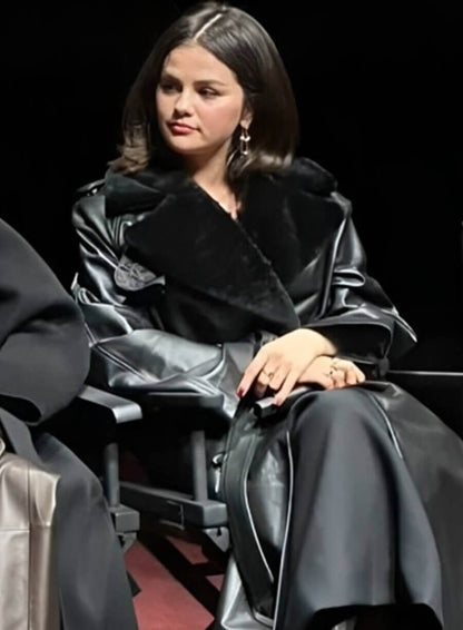 Selena Gomez Emilia Pérez 2024 Black Leather Trench Coat
