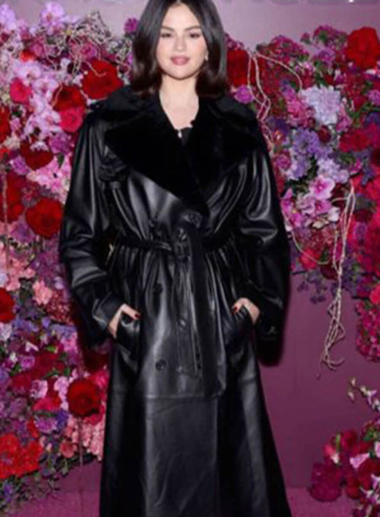 Selena Gomez Emilia Pérez 2024 Black Leather Trench Coat