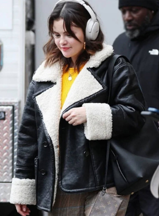 Selena Gomez Only Murders in the Building Shearling Black Leather Jacket