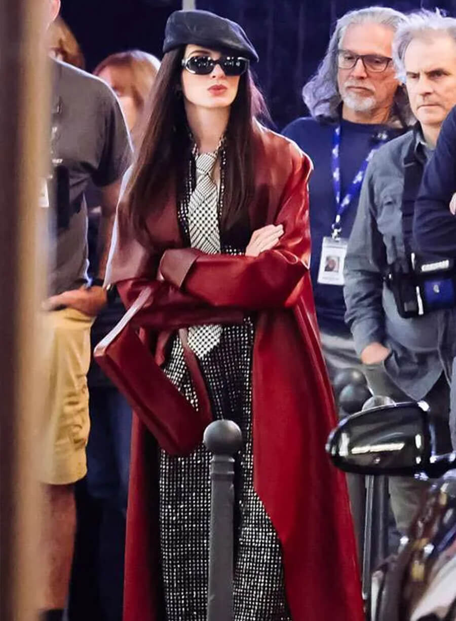 The Devil Wears Prada 2 Anne Hathaway Red Leather Coat