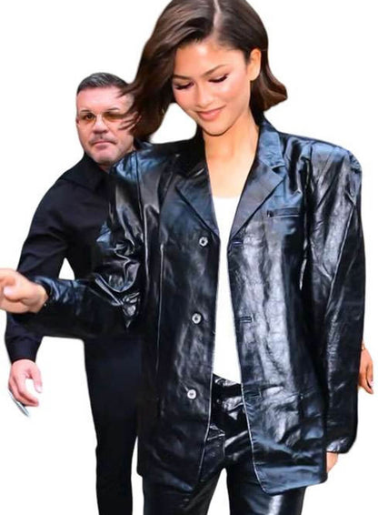 The Odyssey Press Tour 2026 Zendaya Black Leather Blazer