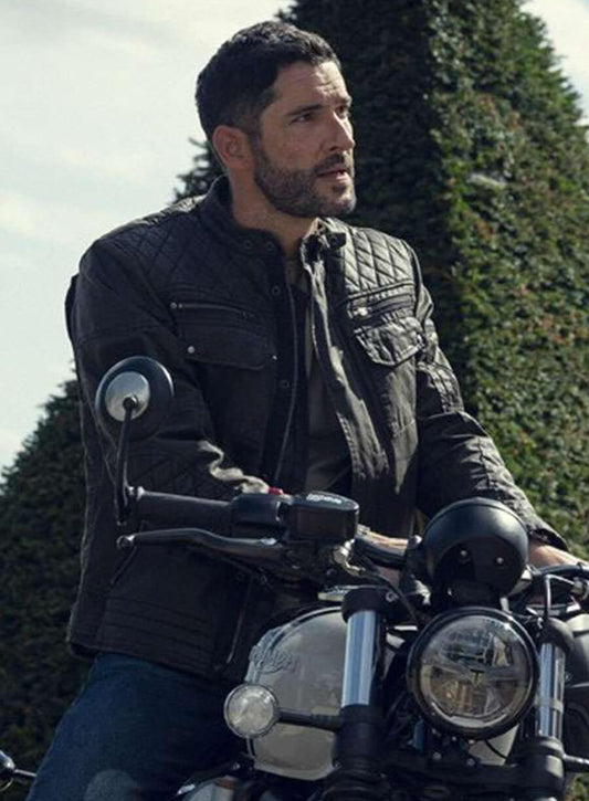 Tom Ellis The Thursday Murder Club 2025 Black Leather Jacket