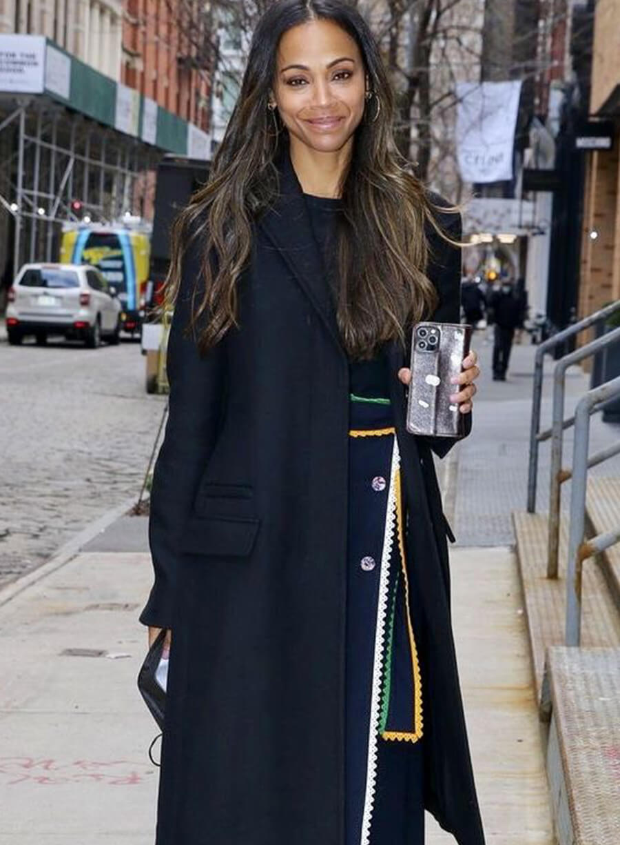 Zoe Saldana Black Wool Coat