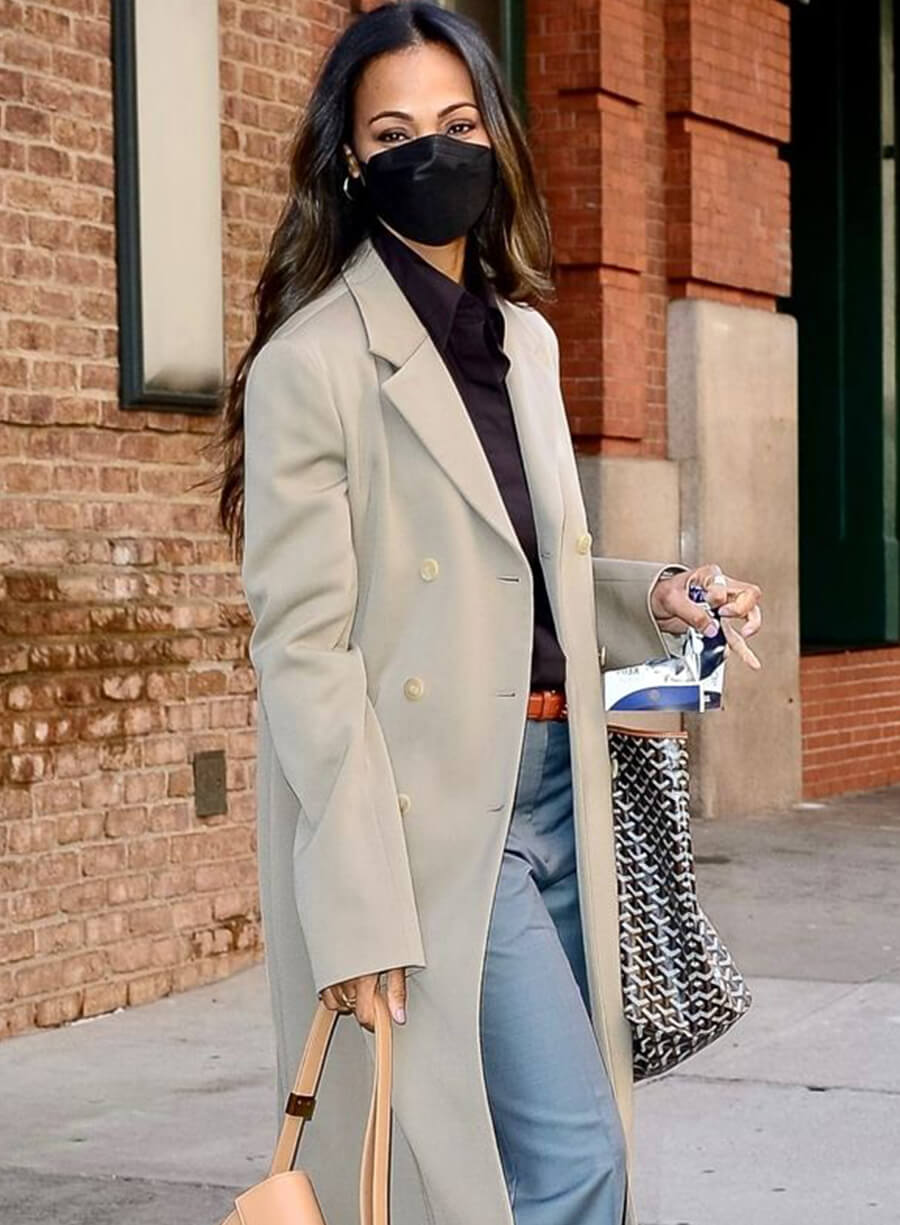 Zoe Saldana Grey Wool Coat